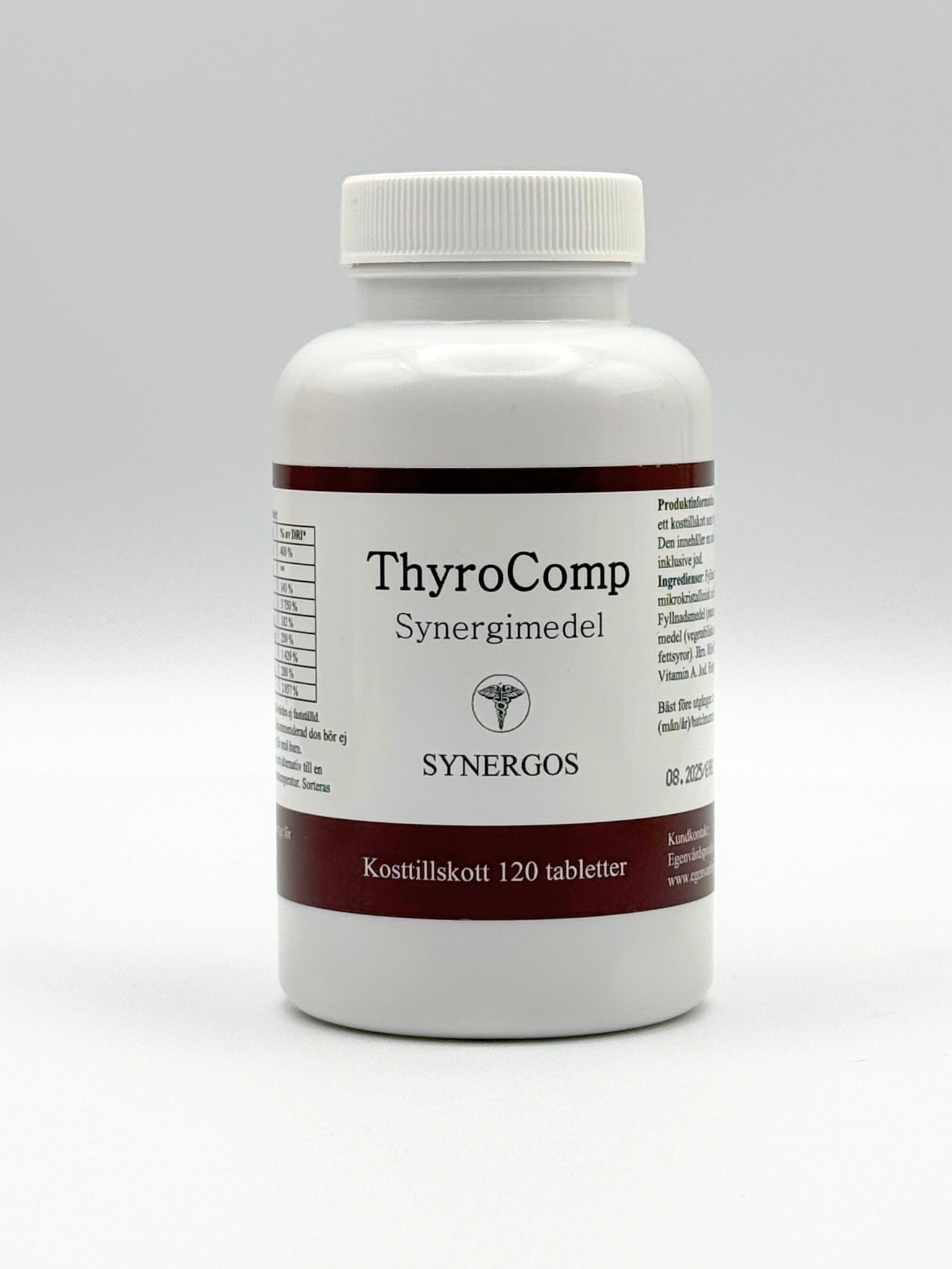ThyroComp Synergos med jod, selen, vitamin A, B3 och tyrosin stödjer normal sköldkörtelfunktion, energiomsättning och immunsystem.